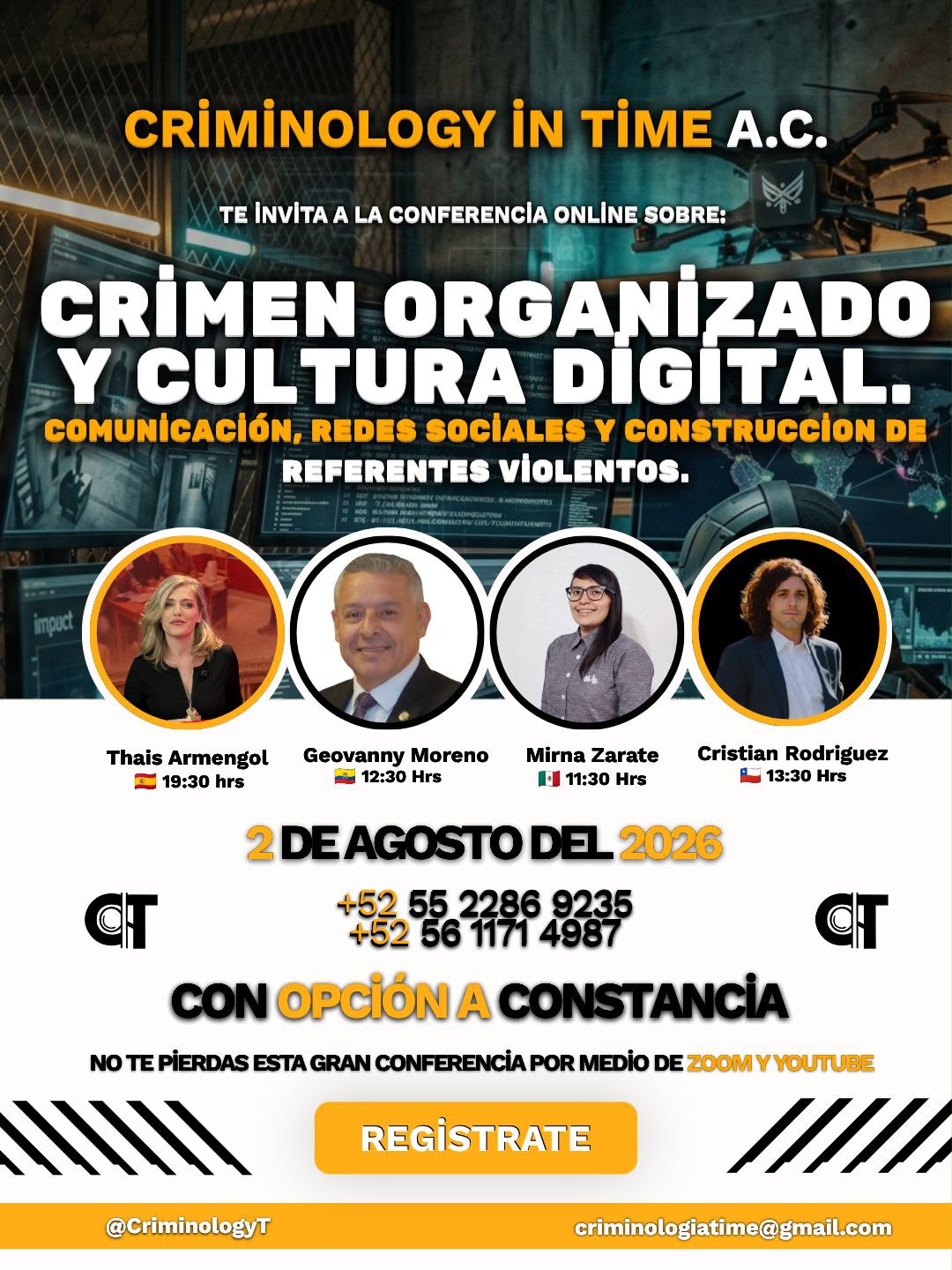 Flyer conferencia Criminology in Time — Crimen organizado y cultura digital: comunicación, redes sociales y construcción de referentes violentos